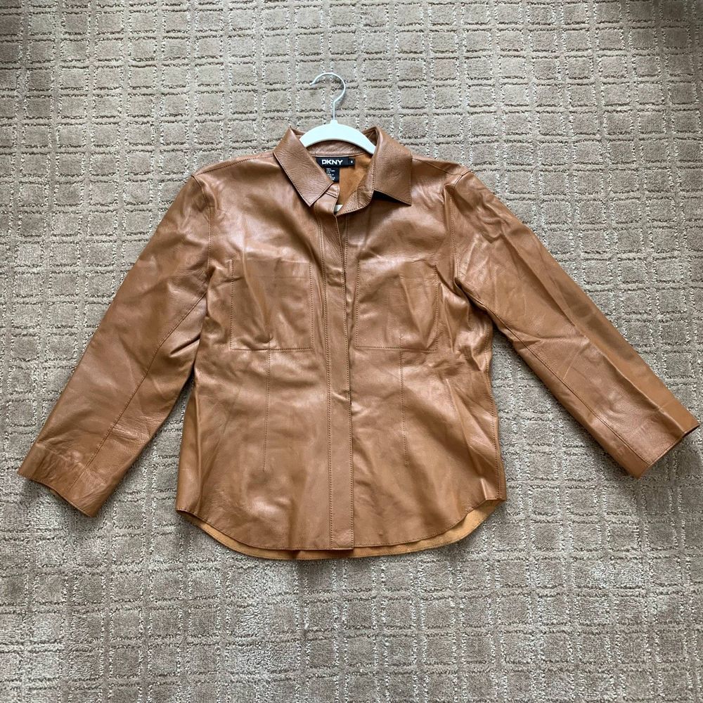 DKNY 100% Soft Genuine Leather Camel Brown Women's Shirt Size 6 Western Y2K